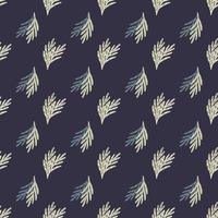 Dark flora seamless pattern with abstract doodle leaves branches shapes. Dark navy blue background. vector