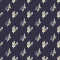 Dark flora seamless pattern with abstract doodle leaves branches shapes. Dark navy blue background. vector