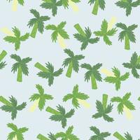 Simple random botanic seamless pattern with green hand drawn palm tree shapes. Blue light background. vector