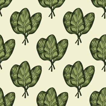 Seamless pattern bunch spinach salad on beige background. Simple ornament with lettuce. vector