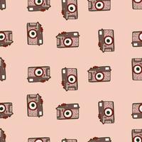 Photo camera vintage seamless pattern. Retro photo cameras design. Repeated texture in doodle style. vector