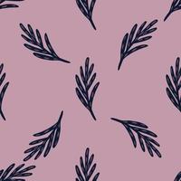 Seamless pattern in minimalistic style with dark leaf twigs shapes. Pastel purple background. Foliage print. vector