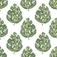 Isolated green monstera leaves silhouettes seamless doodle pattern. White background. Tropic print. vector