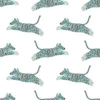 Isolated seamless pattern with blue creative tiger cats ornament. White background. Kids style. vector