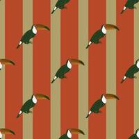 Doodle seamless fauna pattern with simple toucan bird ornament. Red and beige striped background. vector