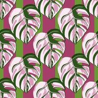 Tropical seamless pattern on striped background. Abstract texture decoration with leaf monstera pink color. vector