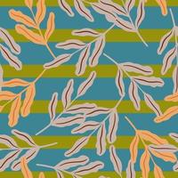 Nature seamless doodle pattern with grey and orange random foliage ornament. Green and blue striped background. vector