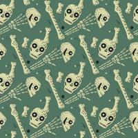 SImple spooky grey skull and bones ornament seamles pattern in hand drawn style. Turquoise pastel background. vector