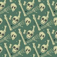 SImple spooky grey skull and bones ornament seamles pattern in hand drawn style. Turquoise pastel background. vector