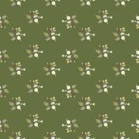 Little botanic seamless pattern with apple and leaves silhouettes. Green olive background. Fruit artwork. vector