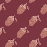 Nature seamless pattern with autumn botany acorn elements shapes. Maroon background. vector