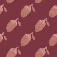 Nature seamless pattern with autumn botany acorn elements shapes. Maroon background. vector