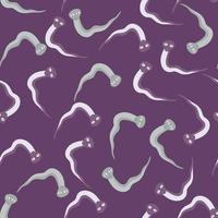 Random reptilian seamless pattern with blue snakes funny ornament. Bright purple background. vector