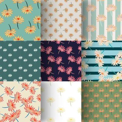 Set of seamless tender patter with botanic daisy flower silhouettes.