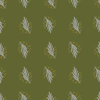 Seamless pattern fir twig on green background. Vector geometric template in doodle style. Christmas forest texture.