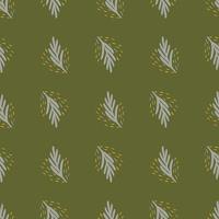 Seamless pattern fir twig on green background. Vector geometric template in doodle style. Christmas forest texture.