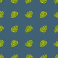 Bright green monstera simple leaves silhouettes seamless nature pattern. Blue background. Doodle print. vector