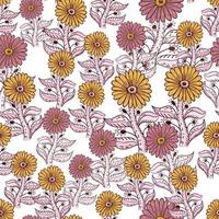 Bloom seamless pattern with pink and yellow sunflower elements. Isolated background. Contoured print. vector