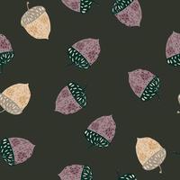 Random seamless fall pattern with purple and yellow colored acorn ornament. Dark background. vector