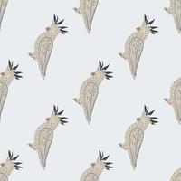 Hand drawn seamless pattern with doodle grey contoured cockatoo parrot print. Light blue background. vector