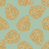 Pale palette seamless pattern in hand drawn style with monstera shapes. Blue background. Doodle style. vector