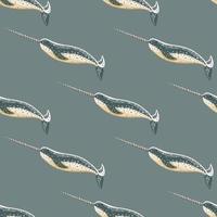 Seamless pattern Narwhal on teal background. Template of cartoon character of ocean for fabric. vector