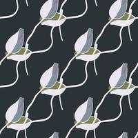 Blossom seamless pattern with blue colored poppy bud flower shapes. Dark navy blue background. Simple style. vector