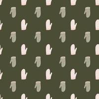 Contrast seamless pattern with doodle light mittens shapes. Dark green background. Season winter backdrop. vector