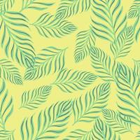 patrón aleatorio sin costuras con formas de hojas de helecho de color azul dibujadas a mano. fondo amarillo claro. vector