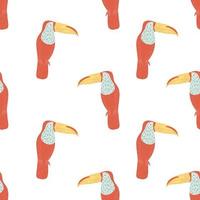 Isolated seamless pattern with hand drawn pastel red and yellow colored toucan birds ornament. White background. vector