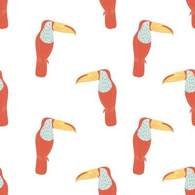 Isolated seamless pattern with hand drawn pastel red and yellow colored toucan birds ornament. White background.