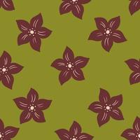 Botanic seamless pattern with brown tropic flowers elements. Green olive background. Simple style. vector