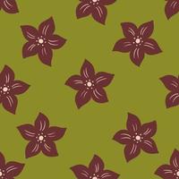 Botanic seamless pattern with brown tropic flowers elements. Green olive background. Simple style. vector