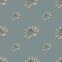 Seamless pattern with hand drawing lotus on dark blue background. Vector floral template in doodle style. Gentle summer botanical texture.
