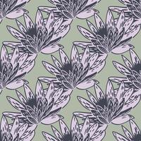 Seamless pattern with hand drawing lotus on pastel green background. Vector floral template in doodle style. Gentle summer botanical texture.