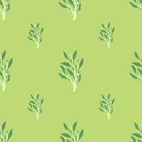 Green foliage ornament doodle seamless pattern. Light green background in pastel tones. vector