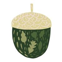 Acorn isolated on white background. Autumn acorn green color with flowers and leaves hand drawn in doodle style. vector