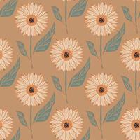 Bloom nature seamless pattern with cartoon sunflowers ornament. Beige background. Creative design. vector