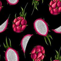 Sweet red dragon fruit seamless pattern on black background. Whole, half and slice. vector