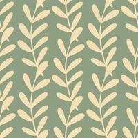 Decorative seamless pattern with light beige leaf branches ornament. Pale green background. Floral print. vector