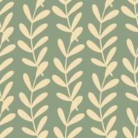 Decorative seamless pattern with light beige leaf branches ornament. Pale green background. Floral print. vector