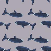 Seamless pattern Bowhead whale on gray background. Template of cartoon character of ocean for children. vector