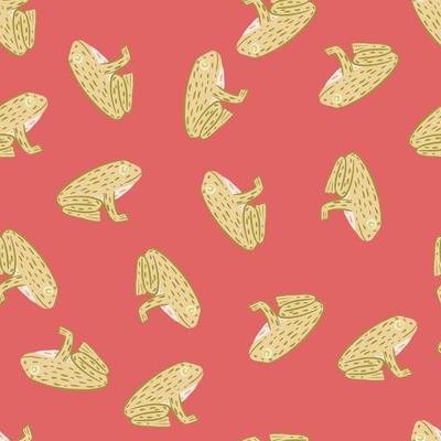 Random abstract childish animal seamless pattern with simple green contoured frog shapes. Pink background.