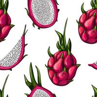 Geometric red dragon fruit seamless pattern on white background. Whole, half and slice. vector