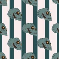 Blue pale skull seamless pattern in hand drawn style. Striped background with white and turquoise lines. vector