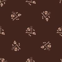 Seamless pattern in minimalistic style with doodle skull and bones ornament. Maroon dark background. vector