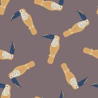 Wildlife seamless pattern with hand drawn beige toucan birds elements. Grey background. Doodle backdrop. vector