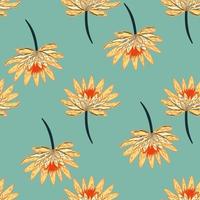 Scrapbook flora seamless pattern with simple orange daisy flowers elements. Blue background. Doodle print. vector