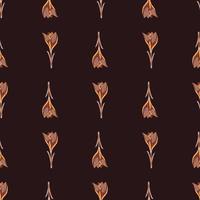 Autumn tones seamless pattern with outline crocus flowers. Dark brown background. vector