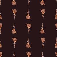 Autumn tones seamless pattern with outline crocus flowers. Dark brown background. vector